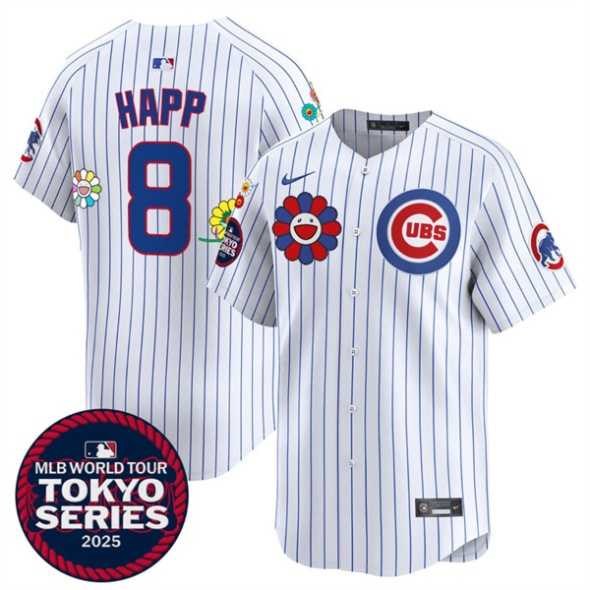 Men%27s Chicago Cubs #8 Ian Happ White 2025 Tokyo Series Limited Stitched Jersey Dzhi